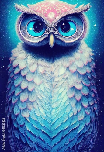 Portrait of fantasy, magical, colorful owl. Dapper, elegant anthropomorphic animal front view. Cartoon 3d animation character, anime style, 3d illustration.