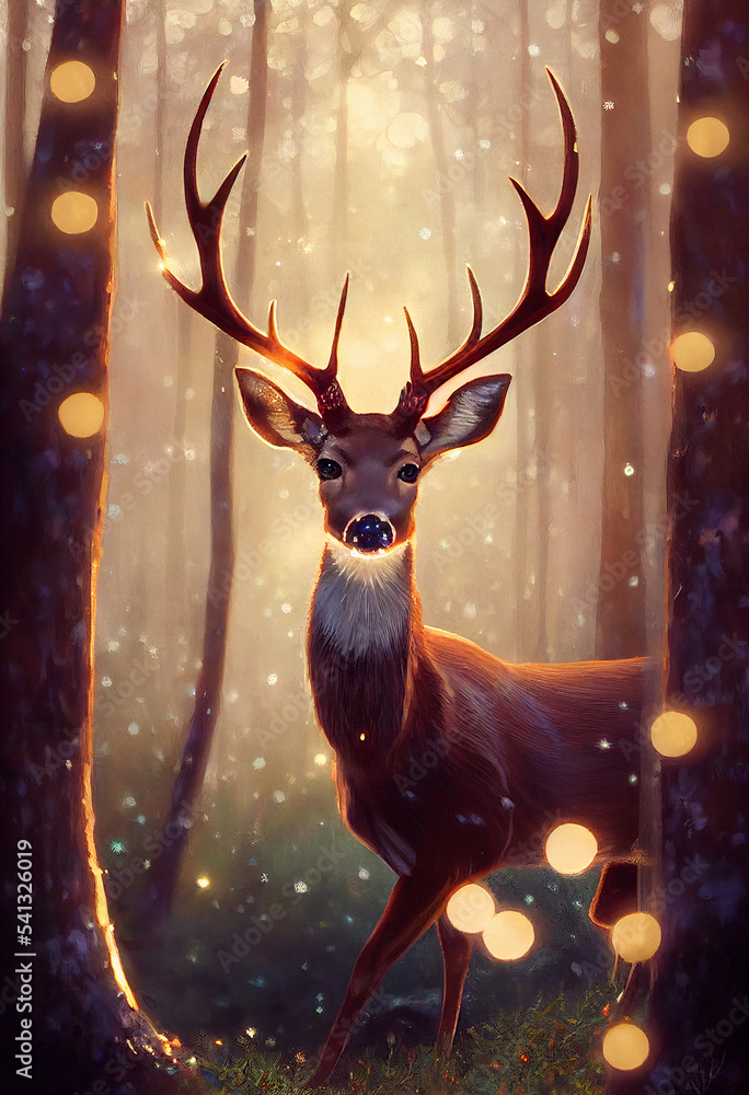 forest deer illustration. Christmas reindeer. Winter greeting card design. forest wild nature