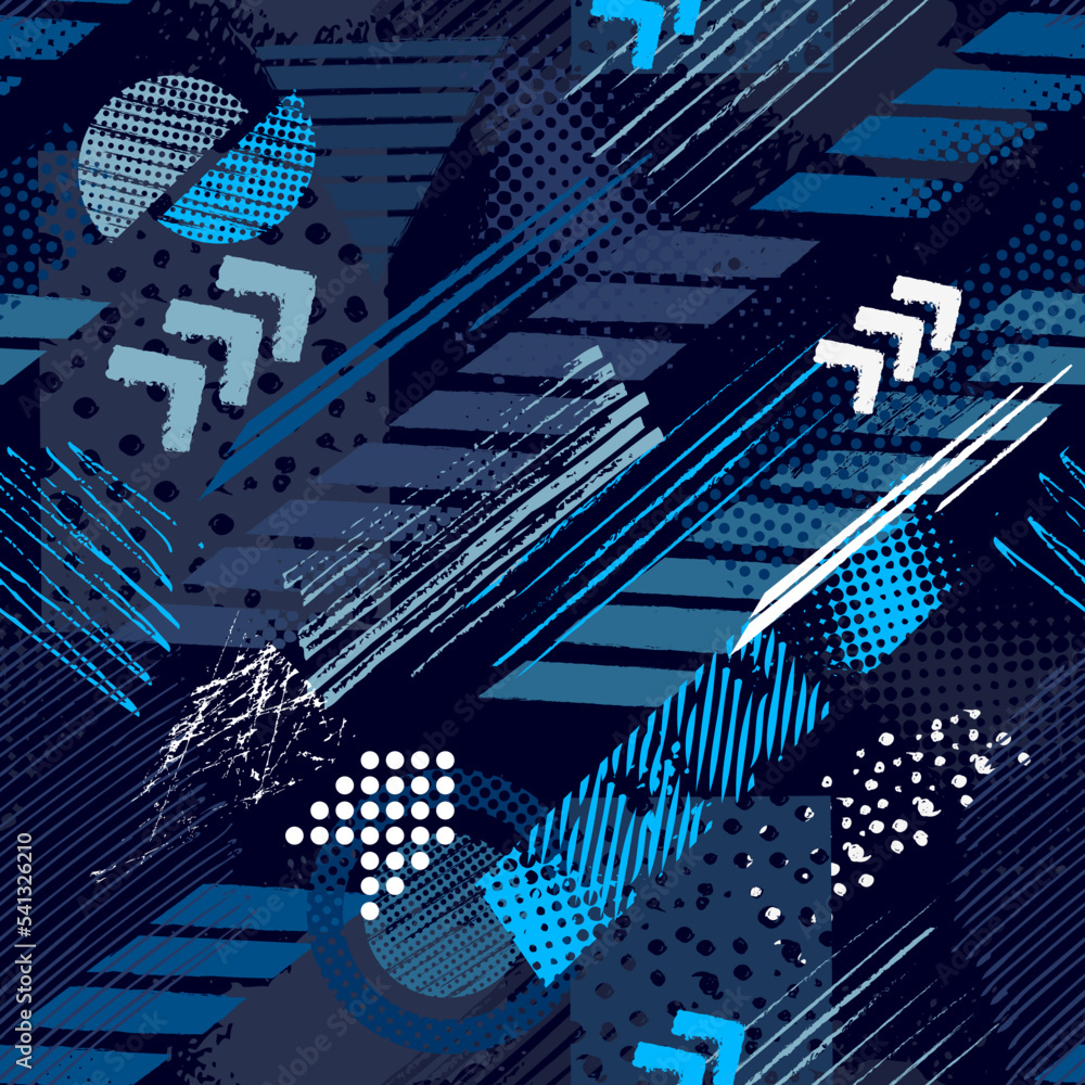 Abstract seamless grunge pattern for boy. Urban style modern background with lightning, dots and spray elements. Drive and speed modern creative wallpaper for guys.