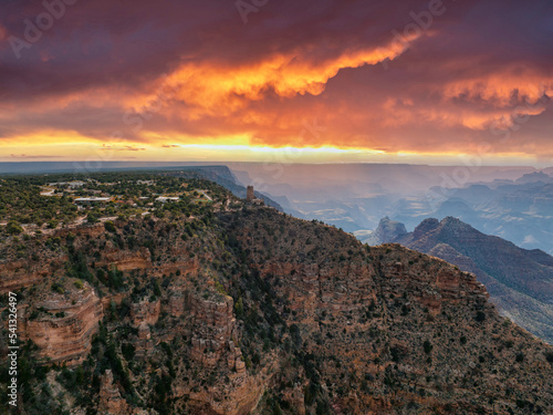 Aerial panorama of the Grand Canyon National Park, North Rim, Califronia, USA. Desert View Watchtower at the Grand Canyon.