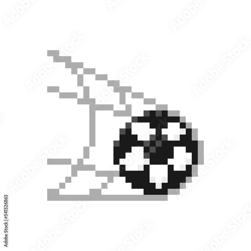 Soccer or football ball in the goal net icon in pixel art design isolated on white background.