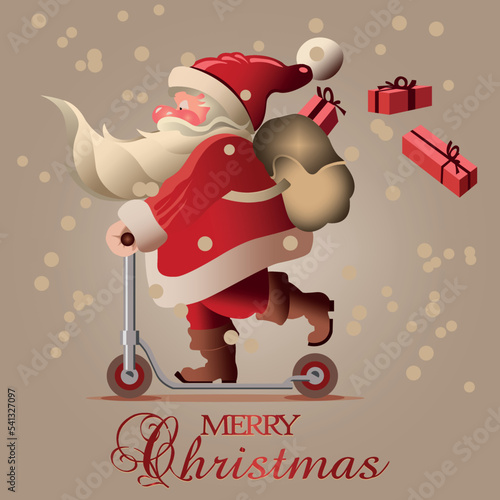 santa claus delivering christmas presents traveling on an electric scooter