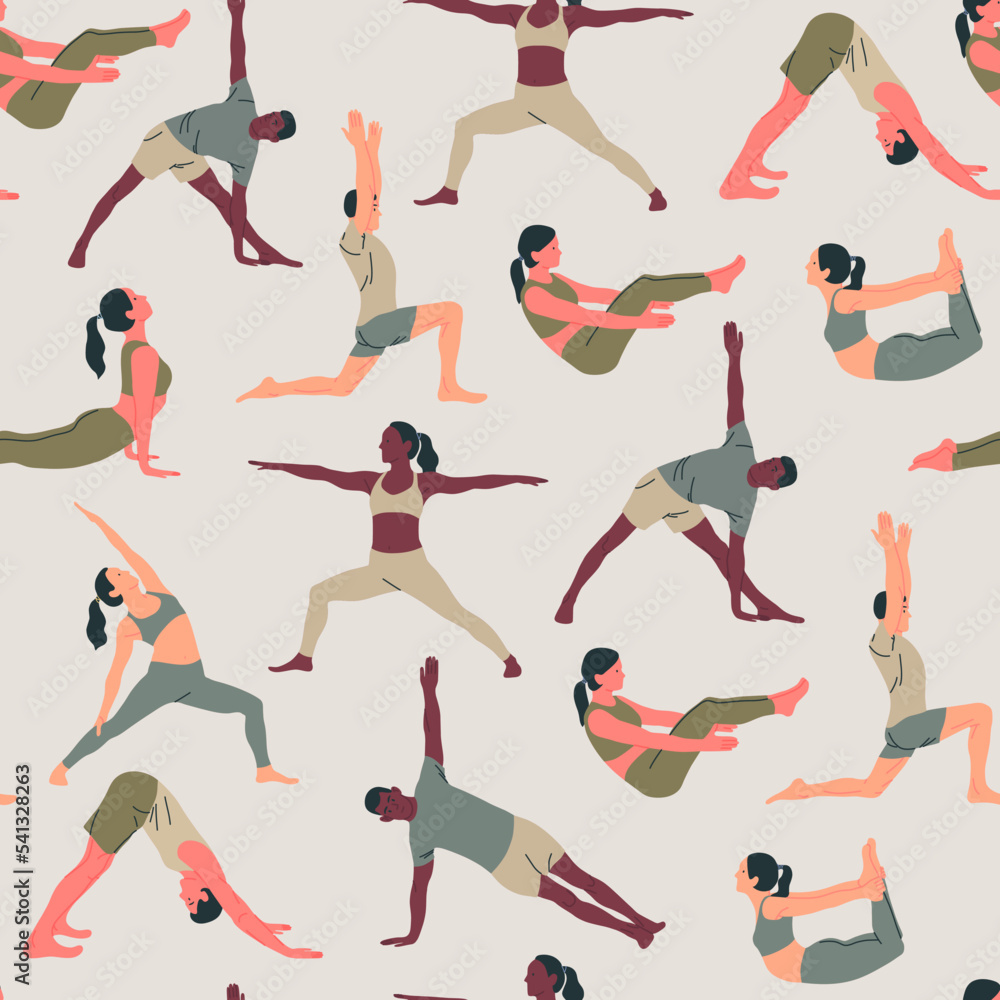 Seamless pattern with young people wearing sportswear doing yoga. The concept of sport, gym, yoga, pilates, fitness, meditation and relax. Health care and lifestyle concept. Vector illustration.
