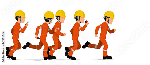 Many industrial workers are running on white background