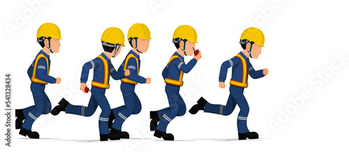 Many industrial workers are running on white background