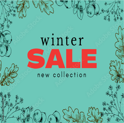 Elegant and fun Winter background design with hand-drawn lettering and shiny and bright snowflakes in frame on geometric background. Fashion sale or new collection banner. Trendy vector illustration 