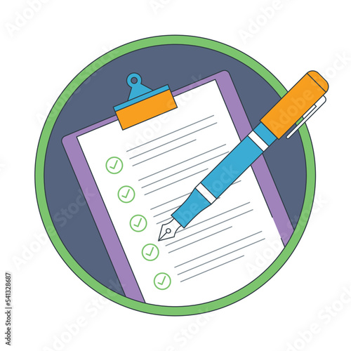 Clipboard with a checklist on a white sheet of paper and pen. Check list, to do, questionnaire, report, feedback document concept. Checklist document icon in flat design vector.