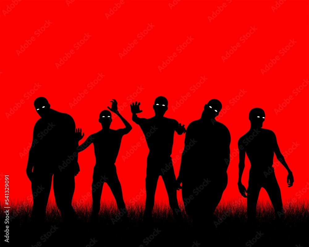 Zombies in silhouette against red background