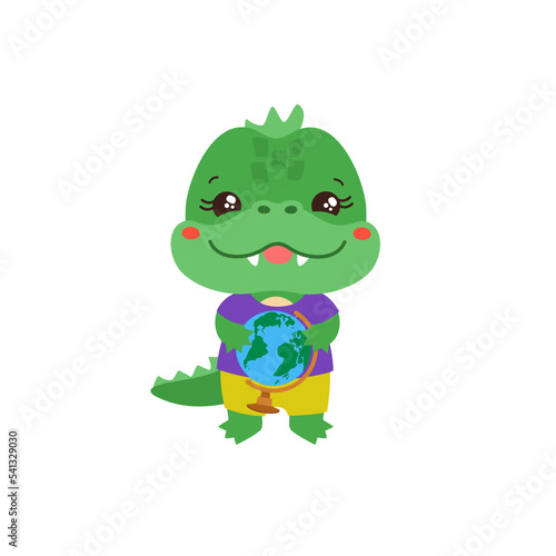 School student crocodile holding a globe. Social studies learning. Elementary pupil little dinosaur dragon amphibian animal. Primary school geography subject vector. Education clipart.