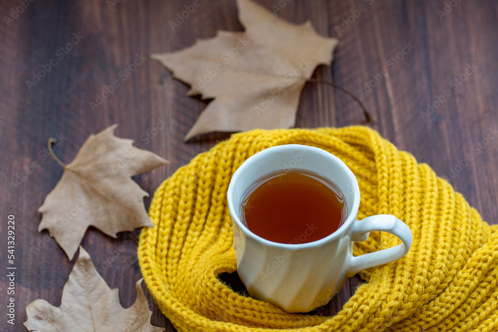 Hot tea with fall foliage