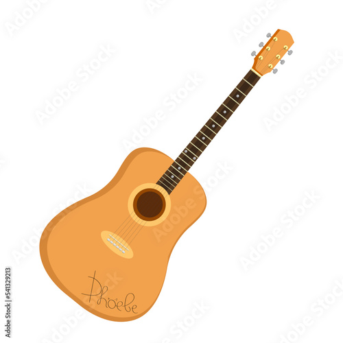 Classical acoustic guitar with the inscription "Phoebe", musical instrument, street musicians of New York. Friends, Central perk. Vector stock illustration on a white background