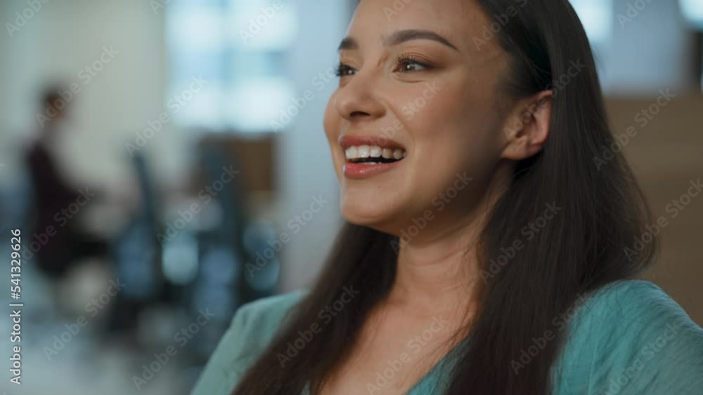Enthusiastic ceo feeling happy at lobby closeup. Smiling woman rejoicing success Enthusiastic ceo feeling happy at lobby closeup. Smiling woman rejoicing success