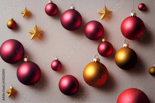X-mas new year decoration. Hanging Red, gold, Christmas balls on nativity, Hanging yellow stars