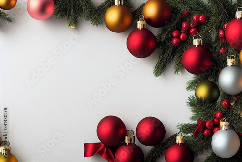 Christmas background  ball red  white  yellow hanging near garland  New Year celebration