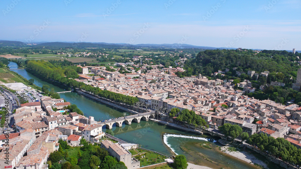 Photo aérienne Sommière Gard France Languedoc , belle photo Occitanie Vidourle 