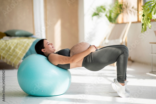 Sporty Pregnant Woman With Big Belly Training With Fitball At Home,