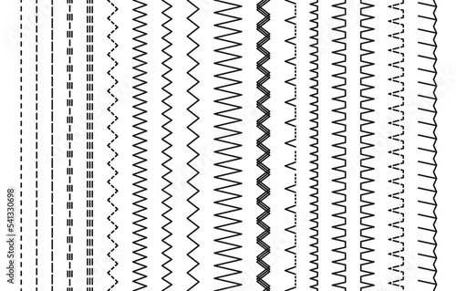 Set of machine thread sew brushes. Sewing stitches. Embroidery seams seamless pattern. Overlock fabric elements. Line border isolated on white background. Simple graphic vector illustration.