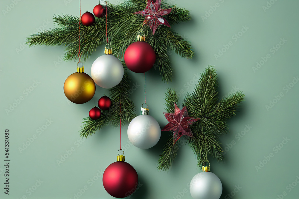 Christmas red, white, yellow ball. Christmas decorations garland, red, white, yellow hanging
