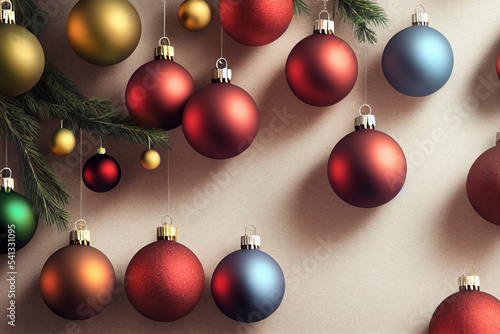 Christmas background, red, white, yellow, blue, green balls lying beside, New Year's holiday