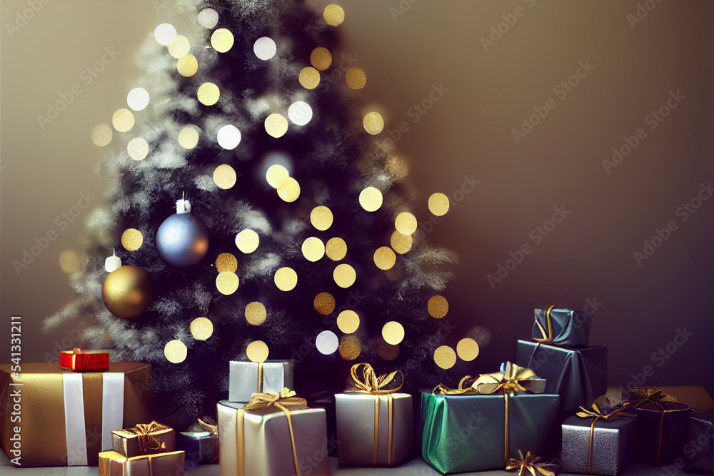 ball, presents yellow, blue hanging, Christmas decorations, ball, Christmas tree near
