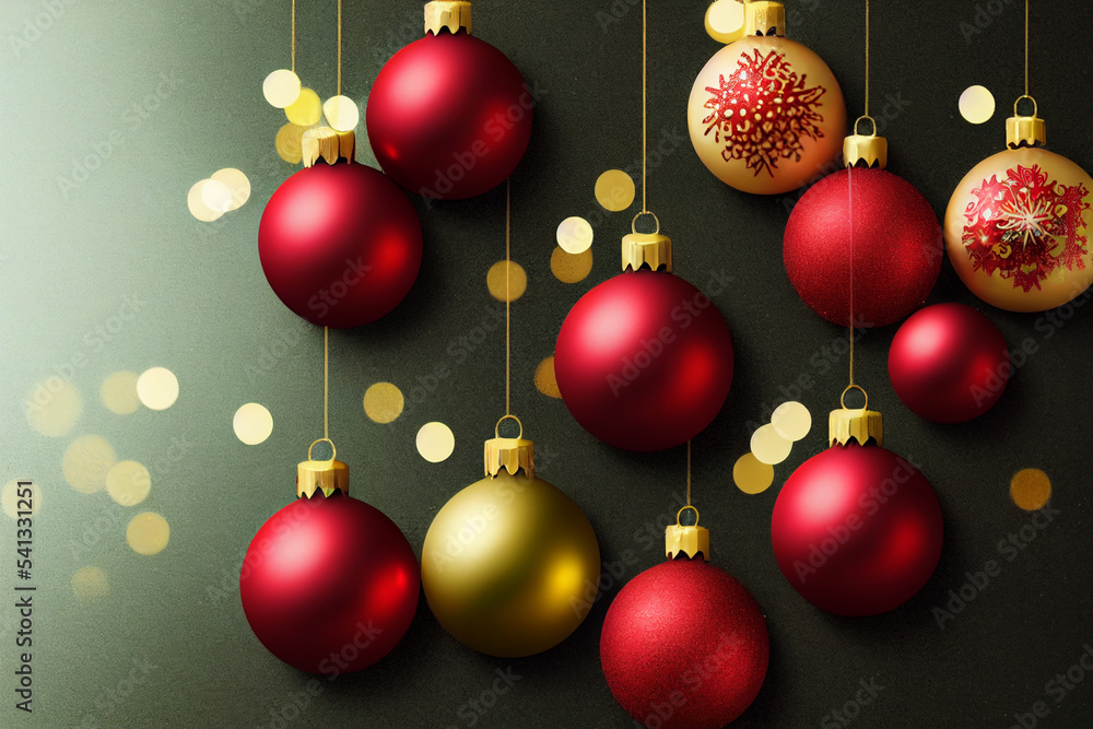 Christmas background, ball red, white, yellow hanging near, decorations. New Year's celebration Christmas background, ball red, white, yellow hanging near, decorations. New Year's celebration