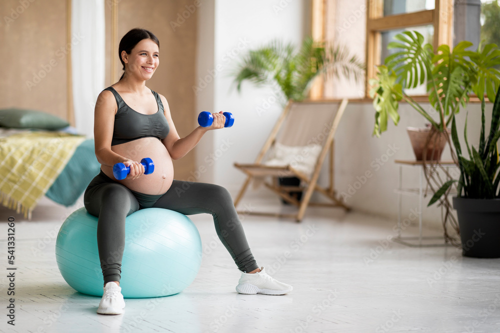 Obraz premium Smiling Pregnant Female Training With Dumbbells And Sitting On Fitball At Home