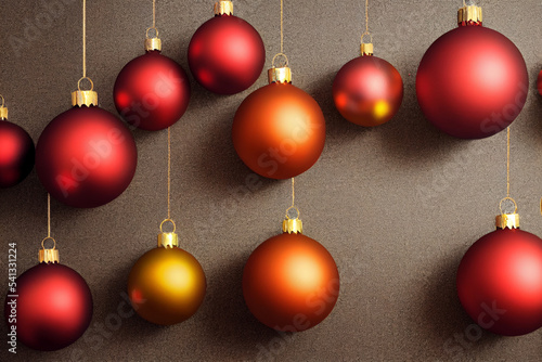 Christmas background, red, yellow ball hanging near, New Year's holiday