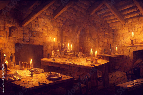Concept art illustration of medieval tavern