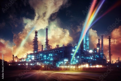 Oil refinery factory illuminated at night, with colored lights. A polluted pipeline and chimney stack with smoke rising. The concept of pollution and the price of gas. 3D illustration digital painting