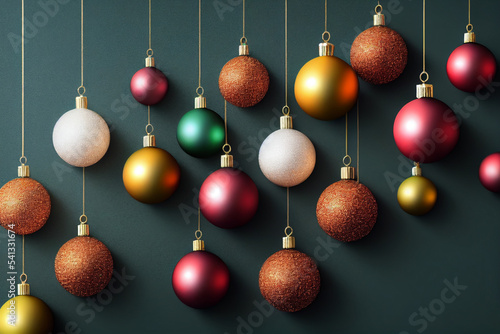 Christmas background, ball red, white, yellow hanging near, decorations. New Year's celebration