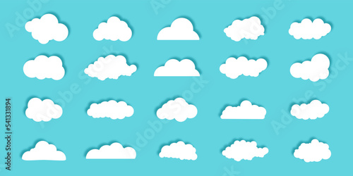 Set of white clouds with shadow isolated on blue background.Vector design.