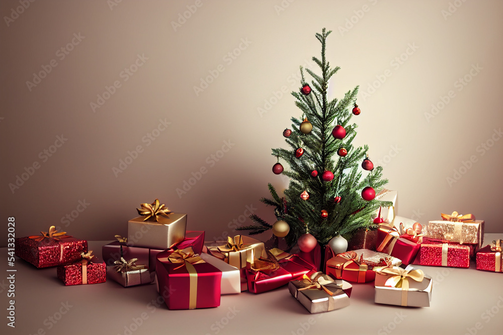 Balls, presents red, white, yellow hanging, Christmas decorations, Balls, Christmas tree near