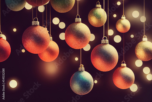 Christmas background, ball red, white, yellow hanging near, New Year celebration