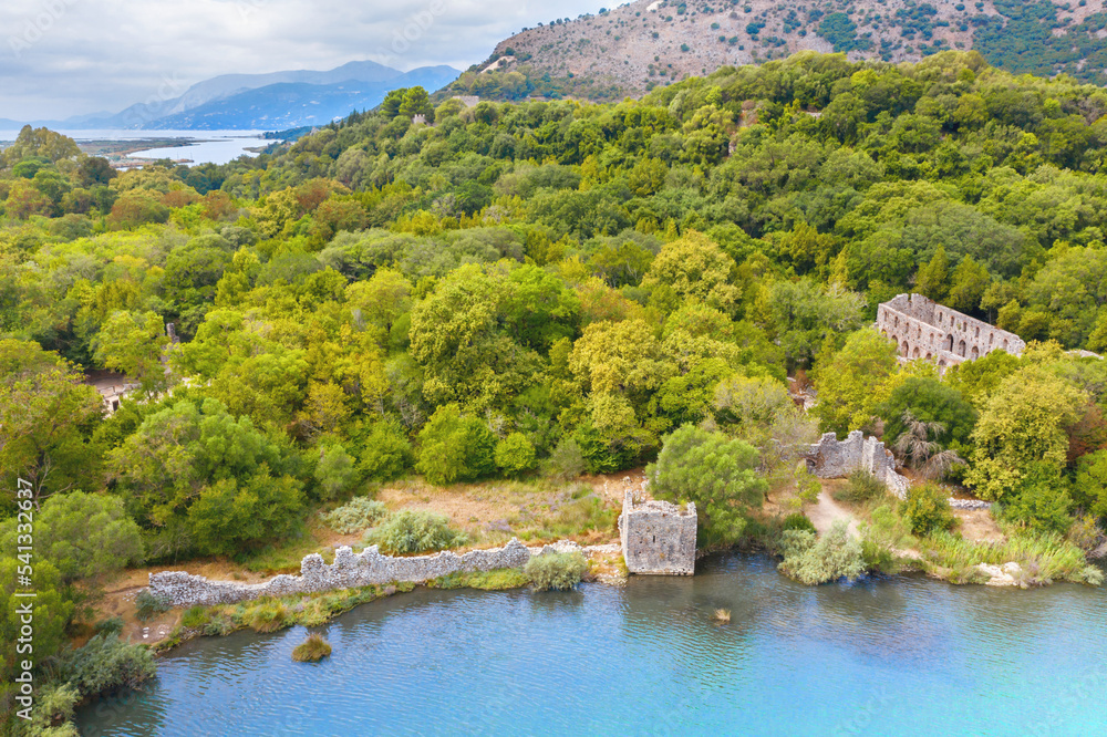 Fototapeta premium The ruins of the basilica in Butrint. Butrint National Park and Museum-Reserve. (Butrinti). Albania. Vlora. View from above. Drone shooting