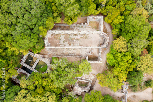 The ruins of the basilica in Butrint. Butrint National Park and Museum-Reserve. (Butrinti). Albania. Vlora. View from above. Drone shooting