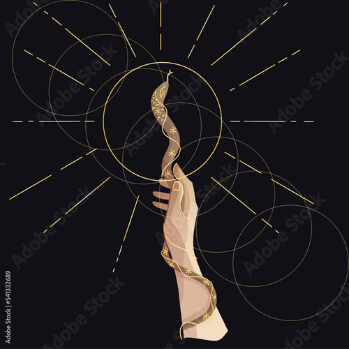 Beautiful female hand with mystic snake on mystical astrology background. Golden ornament. Magic objects, esoteric elements. Vector illustration