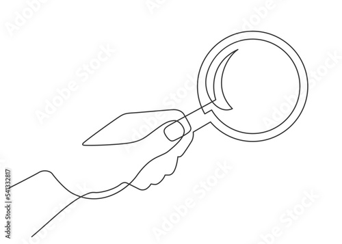 Continuous one single line of hand holding magnifying glass isolated on white background.