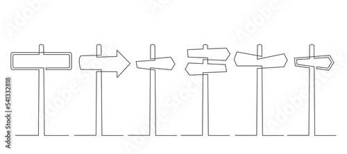 Continuous line drawing of road sign arrows isolated on white background. Set of  road sign. Vector illustration for banner, web, design element, template, postcard. 