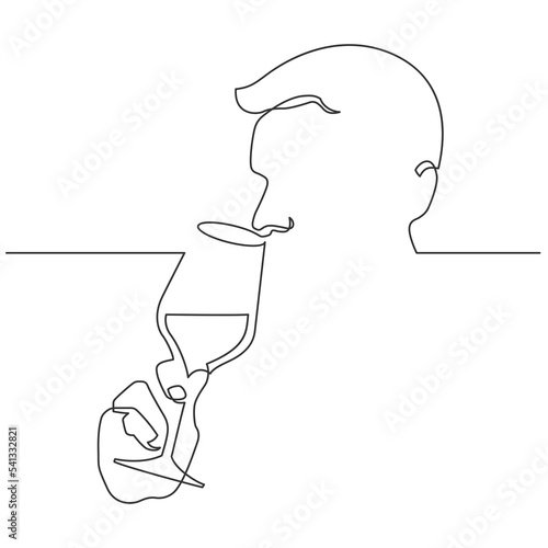 Continuous line drawing silhouette of a man drinking from a wine glass. The concept of sommelier, relaxation, tasting. Vector illustration
