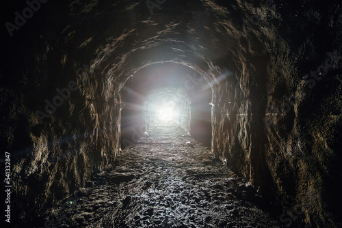 Obraz na plátně Dark underground tunnel. Light at the end of tunnel