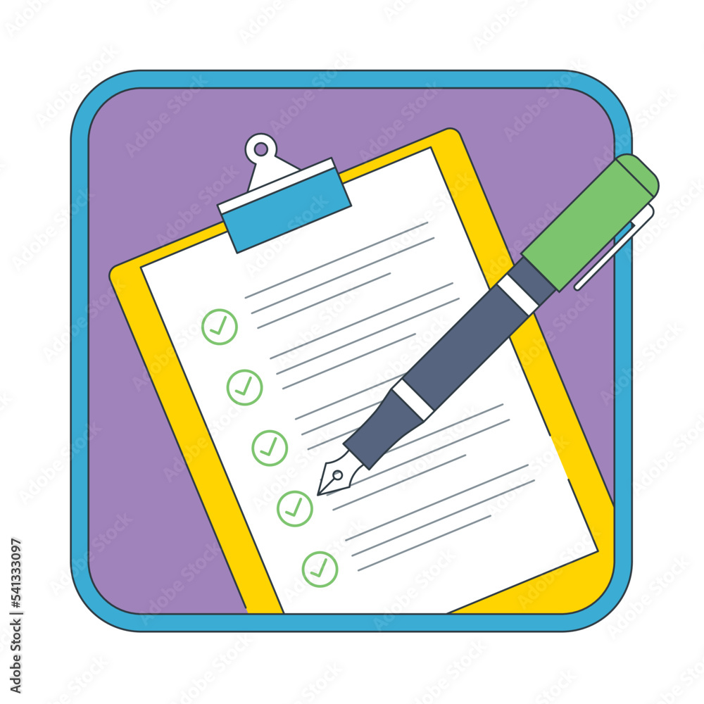 Clipboard with a checklist on a white sheet of paper and pen. Check list, to do, questionnaire, report, feedback document concept. Checklist document icon in flat design vector. Clipboard with a checklist on a white sheet of paper and pen. Check list, to do, questionnaire, report, feedback document concept. Checklist document icon in flat design vector.