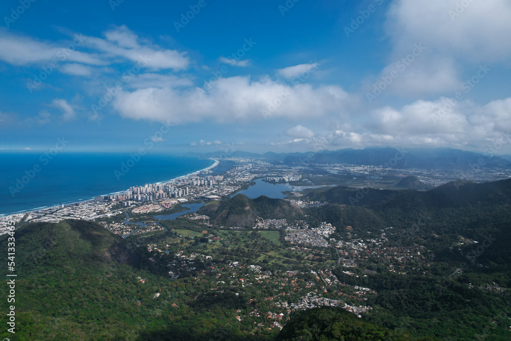 aerial view of the sea and mountains, city on coast