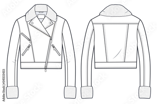 Unisex Biker Jacket with Faux Fur technical fashion illustration. Sheepskin Coat fashion flat technical drawing template, front and back view, white color, women, men, unisex CAD mockup.