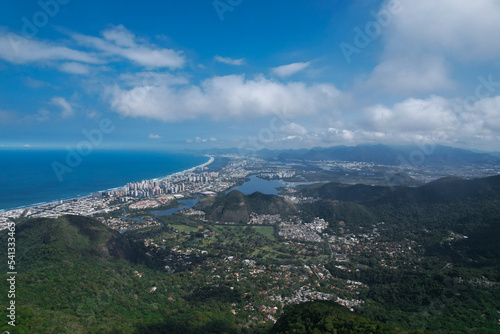 aerial view of the sea and mountains, city on coast