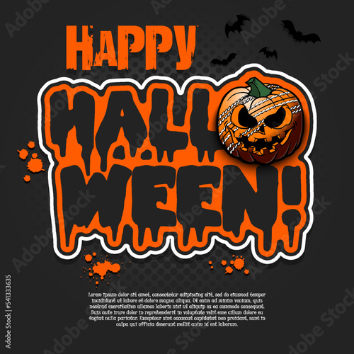 Logo Happy Halloween. Cricket ball as pumpkin