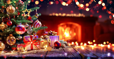 Gift Under Christmas Tree With Ornament In Interior With Fireplace And Abstract Defocused Lights