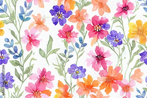 Hand painted multicolor watercolor allover seamless pattern with spring flowers and plants in repeat photo