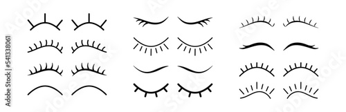 Eyelash and eye vector line icon, cartoon unicorn lash, sleep, open and close symbol isolated on white background. Black simple illustration