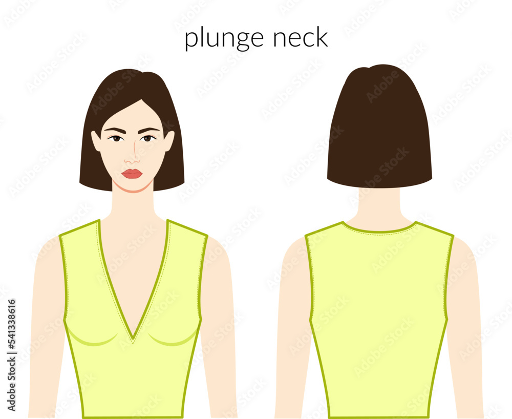 Plunge neckline clothes character beautiful lady in yellow top, shirt, dress technical fashion illustration with fitted body. Flat apparel template front, back sides. Women, men unisex CAD mockup Plunge neckline clothes character beautiful lady in yellow top, shirt, dress technical fashion illustration with fitted body. Flat apparel template front, back sides. Women, men unisex CAD mockup