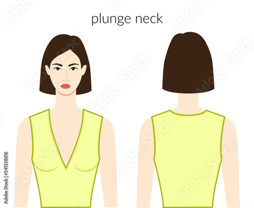 Plunge neckline clothes character beautiful lady in yellow top, shirt, dress technical fashion illustration with fitted body. Flat apparel template front, back sides. Women, men unisex CAD mockup